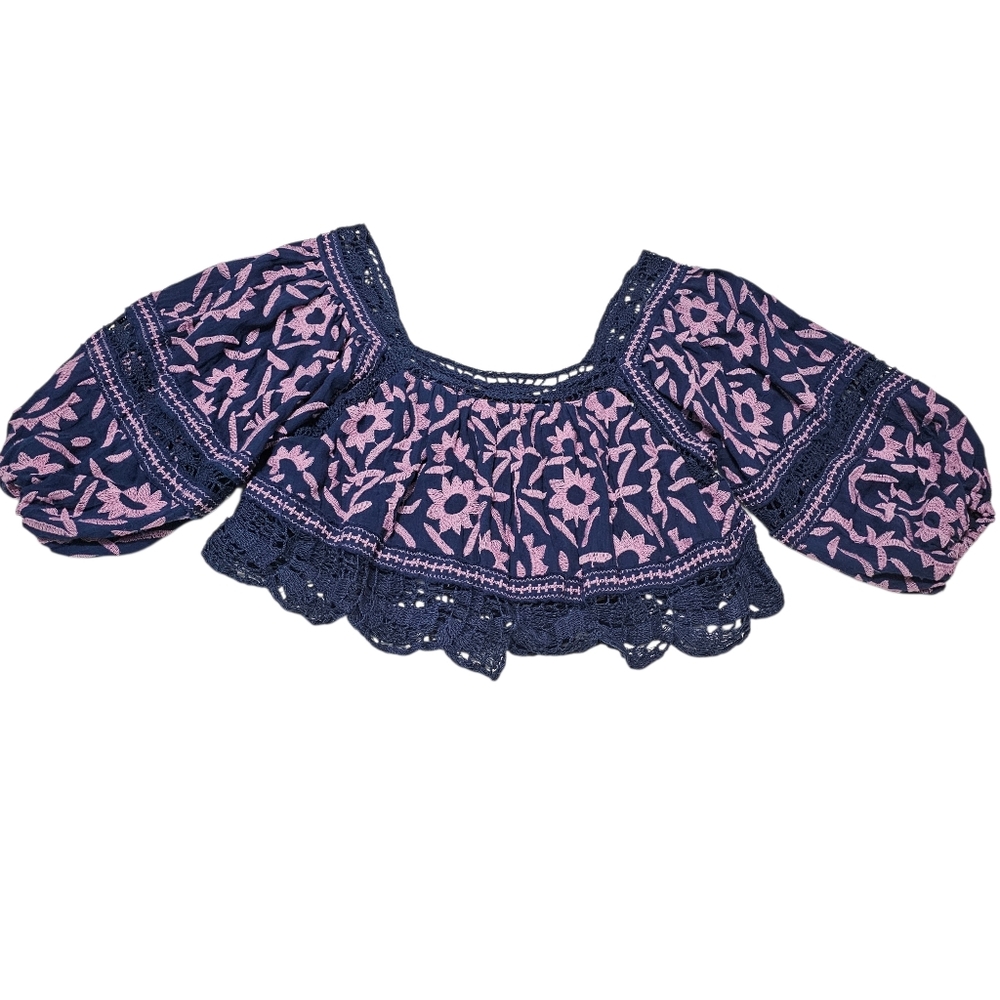 Free People Soleil Embroidered Crop Top Navy/Pink Bohemian Sz XS (oversized) - Picture 4 of 7